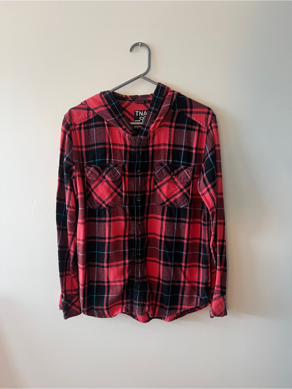 TNA Red and Black Plaid Hooded Button-Down Shirt